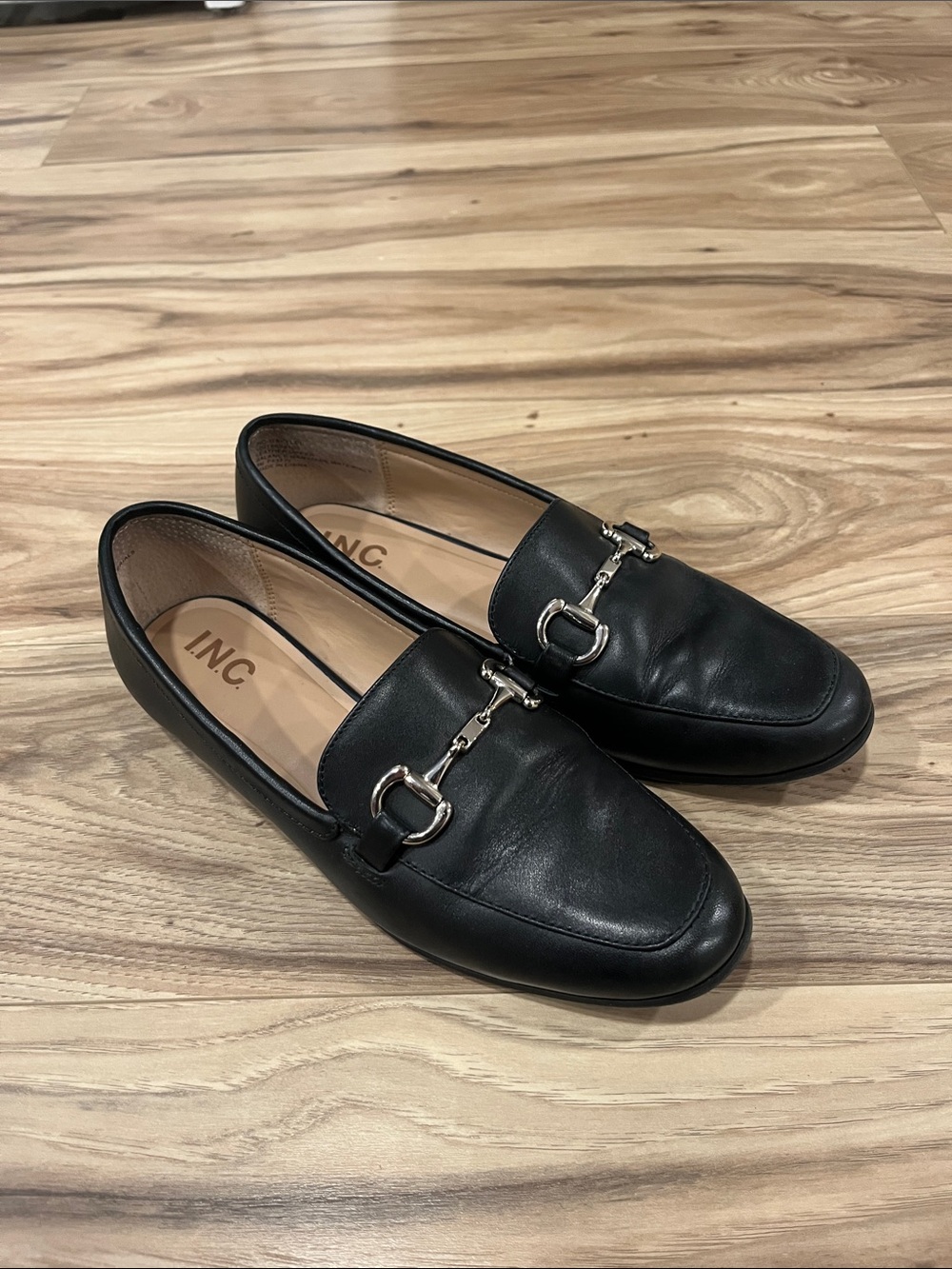 INC International Concepts Black Leather Horsebit Loafers